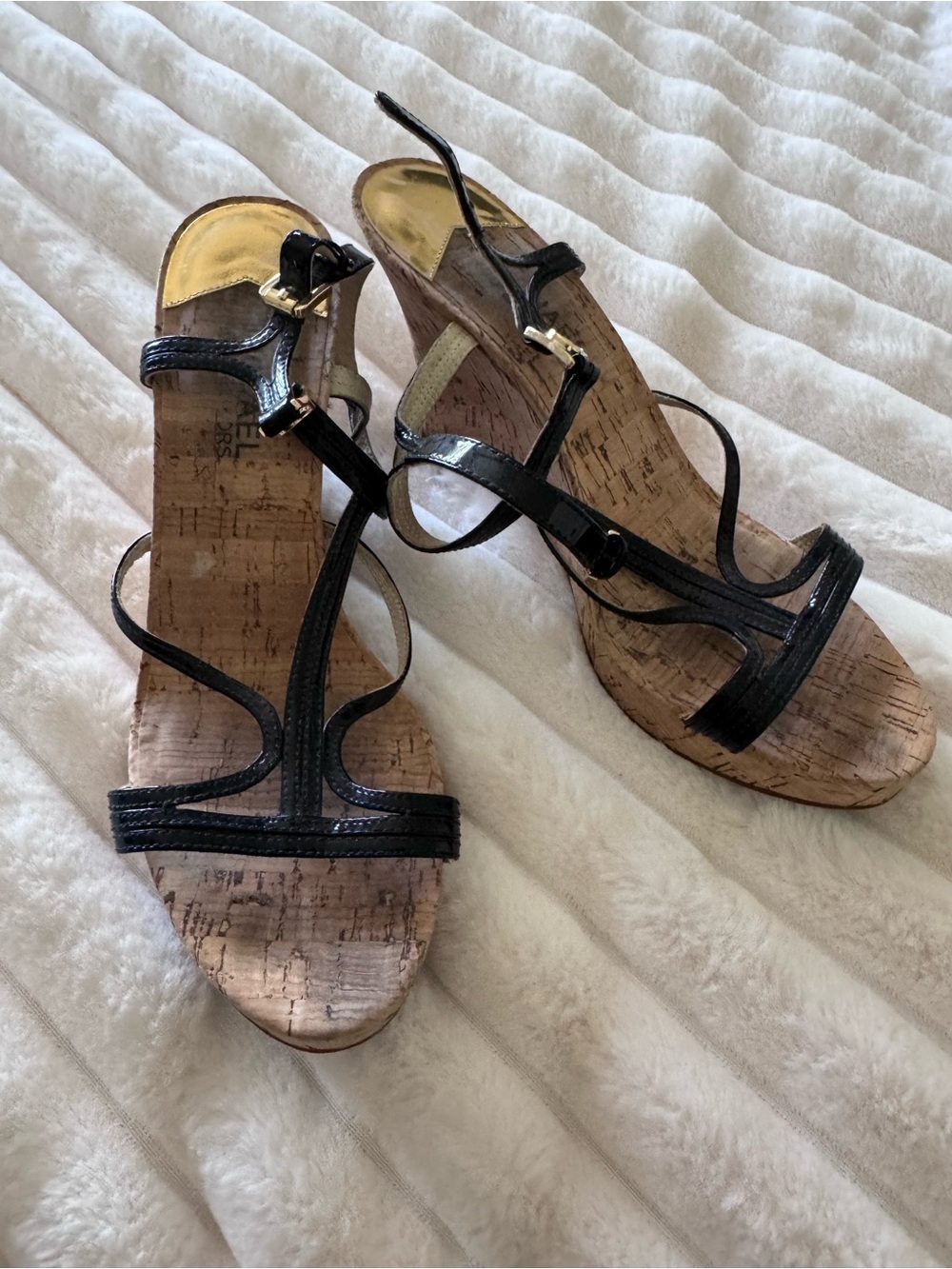 Michael by Michael Kors Black Strappy Cork Wedge Sandals - Women 8.5